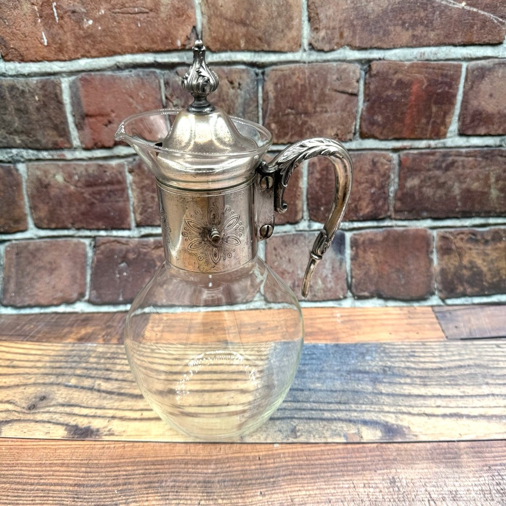 Silver Plate Glass Coffee Tea Carafe Victorian Revival Gothic Pitcher Vintage